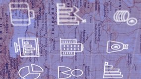 Animation of business icons and financial data processing over world map. Global finance, business, connections, computing and data processing concept digitally generated video. - Powered by Shutterstock - Get 15% off with code: PIKWIZARD15