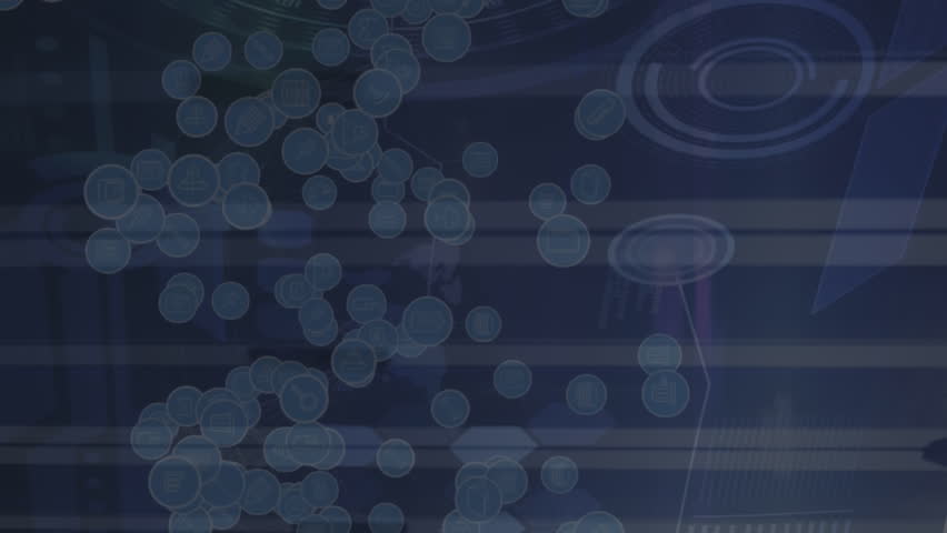 Animation of network of connections with icons over data processing and server room. Global connections, computing and digital interface concept digitally generated video. - Powered by Shutterstock - Get 15% off with code: PIKWIZARD15