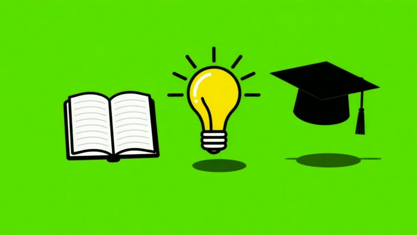Education Concept Animation with Pop Up Book, Lightbulb, and Graduation Cap Icons on Chroma Key Green Screen