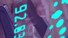 Animation of data processing with world map over diverse people paying with smartphone. Global finances, retail and digital interface concept digitally generated video. - Powered by Shutterstock - Get 15% off with code: PIKWIZARD15