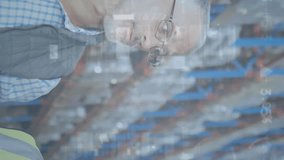 Animation of statistics financial data processing over man and woman working in warehouse. global shipping and connections concept digitally generated video. - Powered by Shutterstock - Get 15% off with code: PIKWIZARD15