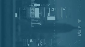 The video shows a series of screens with glowing blue scope scanning and data processing on black background. The screens are connected to each other, representing global connections and digital - Powered by Shutterstock - Get 15% off with code: PIKWIZARD15