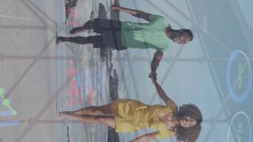Animation of hud interface, low angle view of bridge, african american couple running at beach. Digital composite, multiple exposure, report, stock market, enjoyment, love, togetherness and vacations. - Powered by Shutterstock - Get 15% off with code: PIKWIZARD15