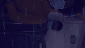 Animation of financial data processing and man and woman in face masks on bus. Covid 19 pandemic, medicine, healthcare, finance, computing and data processing concept digitally generated video. - Powered by Shutterstock - Get 15% off with code: PIKWIZARD15