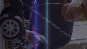 Animation of trading board and programming language, diverse teacher teaching welding to girl. Digital composite, multiple exposure, binary codes, coding, childhood, machine learning and technology. - Powered by Shutterstock - Get 15% off with code: PIKWIZARD15