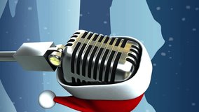 Animation of santa hat on vintage microphone over winter scenery. christmas, winter, tradition and celebration concept digitally generated video. - Powered by Shutterstock - Get 15% off with code: PIKWIZARD15