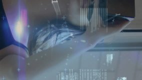 The woman in the video is using a virtual reality headset the vr headset is connected to a computer that is displaying stock market information the woman is smiling, indicating that she is enjoying - Powered by Shutterstock - Get 15% off with code: PIKWIZARD15