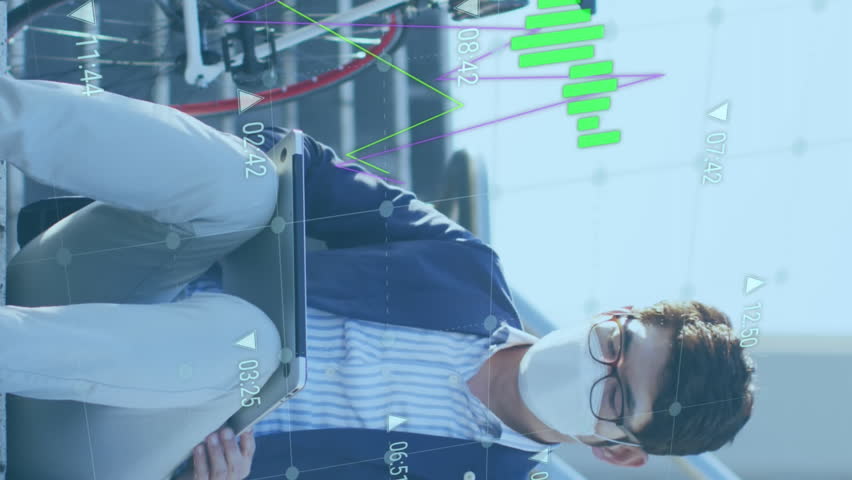 Animation of data processing against asian man wearing face mask with laptop sitting on stairs. Business data technology and covid-19 pandemic concept - Powered by Shutterstock - Get 15% off with code: PIKWIZARD15