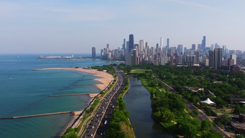 Amazing Drone Shot Above Chicago, Lake Michigan on Summer Day