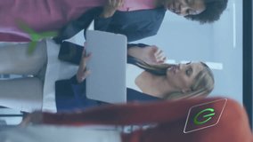 Animation of ecology icons over diverse colleagues using laptop and discussing work in office. Global busienss, ecology, finances and digital interface concept digitally generated video. - Powered by Shutterstock - Get 15% off with code: PIKWIZARD15