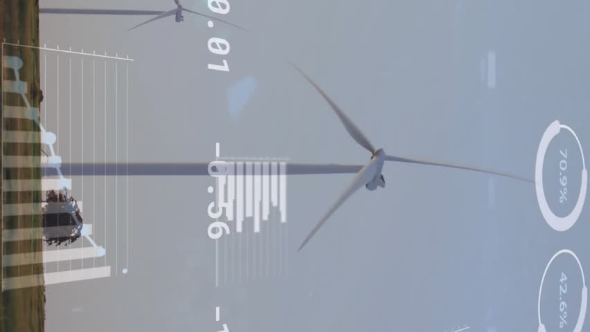Animation of financial data processing over wind turbines on field. Global ecology, finances, energy and digital interface concept digitally generated video. - Powered by Shutterstock - Get 15% off with code: PIKWIZARD15