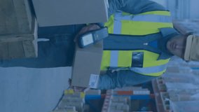 Facial recognition animation over warehouse worker handling large box. Technology, logistics, delivery, automation, AI, security - Powered by Shutterstock - Get 15% off with code: PIKWIZARD15