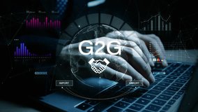 Hands typing on keyboard with G2G digital trade concept, global import export charts and data analytics overlay for business and government partnerships. - Powered by Shutterstock - Get 15% off with code: PIKWIZARD15