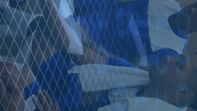 Animation of arrows and binary coding over football players stacking hands in changing rooms. technology, digital interface, sports and competition concept digitally generated video. - Powered by Shutterstock - Get 15% off with code: PIKWIZARD15