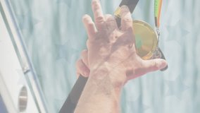 American flag design pattern against mid section of caucasian man using fishing rod on a boat. american independence and celebration concept - Powered by Shutterstock - Get 15% off with code: PIKWIZARD15