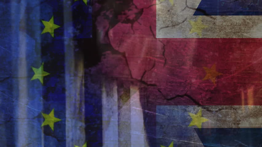 People crossing street in urban area against animated EU and Britan flag