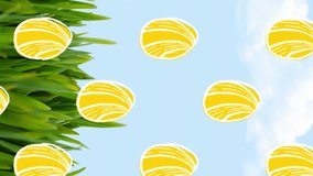 Composite video of yellow easter eggs in seamless pattern against green grass and easter eggs. easter festivity celebration concept - Powered by Shutterstock - Get 15% off with code: PIKWIZARD15