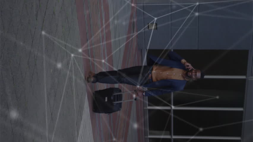 Animation of network of connections over african amercian businessman with suitcase. global technology, connections and digital interface concept digitally generated video.