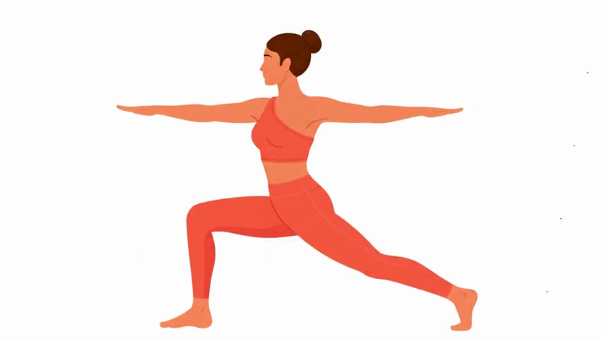 Loopable 2D animation of a woman in Warrior II yoga pose. Coral outfit, vector style, subtle breathing motion. Clean, minimal design on a white background. Perfect for yoga apps and wellness media.
