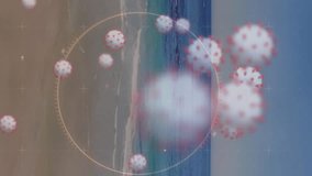 Animation of macro Covid-19 cells floating with scope scanning over aerial view of a beach. Coronavirus Covid-19 pandemic concept digital composite - Powered by Shutterstock - Get 15% off with code: PIKWIZARD15