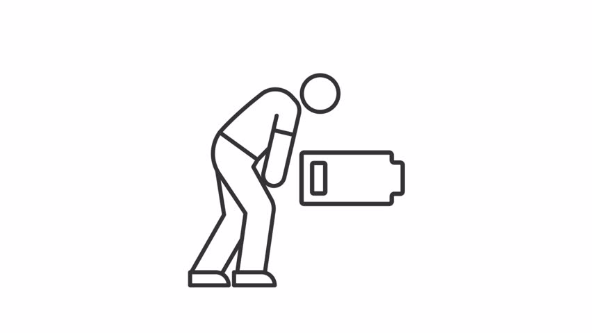 Low energy level line animation. Exhausted man and discharged battery animated icon. Health problem, chronic disease symptom. Outline element on white background. HD video with alpha channel