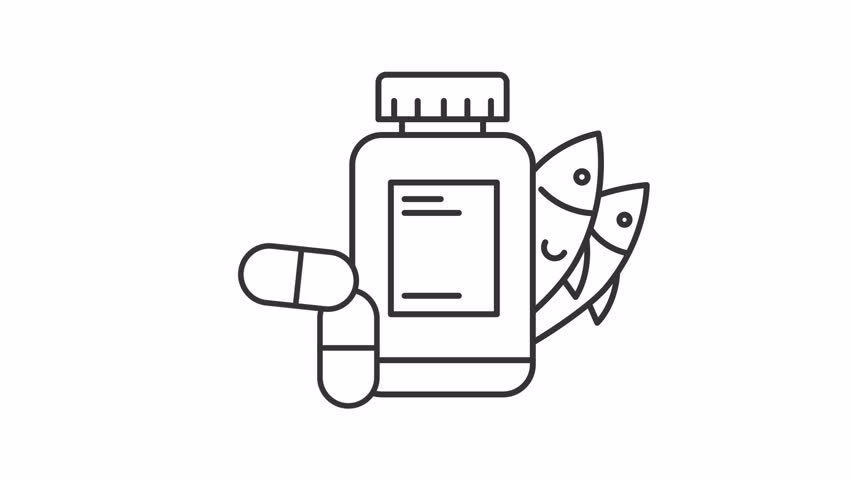 Animated omega acid vitamin bottle line icon. Fish oil supplement animation. Medication and multivitamin complex. Diet nutrition. Outline element on white background. HD video with alpha channel