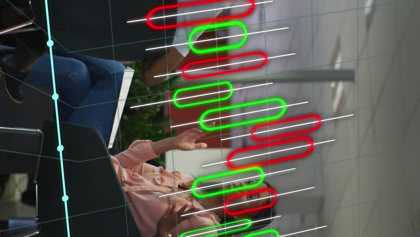 Animation of data processing over diverse business people working in office. Global business, finances, computing and data processing concept digitally generated video.