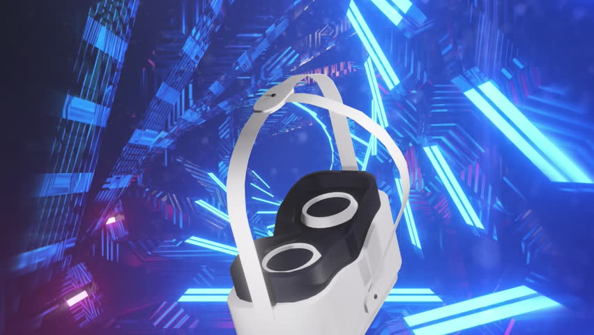 Animation of vr headset over glowing neon lights. Global virtual reality, data processing, computing and digital interface concept digitally generated video. - Powered by Shutterstock - Get 15% off with code: PIKWIZARD15