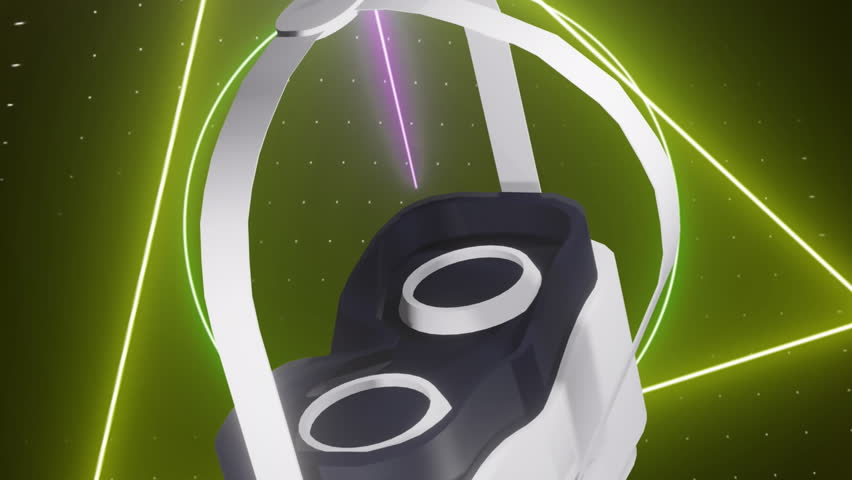 Animation of vr headset over glowing neon shapes moving on black background. Global virtual reality, data processing, computing and digital interface concept digitally generated video. - Powered by Shutterstock - Get 15% off with code: PIKWIZARD15