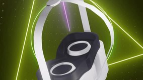 Animation of vr headset over glowing neon shapes moving on black background. Global virtual reality, data processing, computing and digital interface concept digitally generated video. - Powered by Shutterstock - Get 15% off with code: PIKWIZARD15