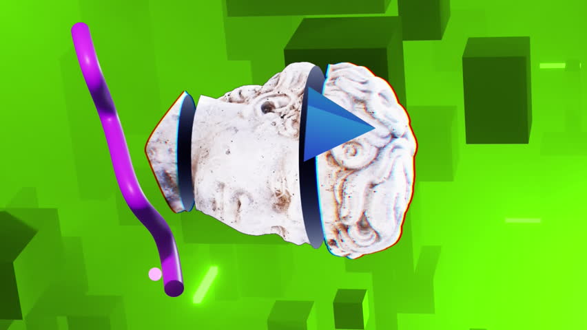 Animation of antique sculpture heads over shapes on green background. Antique art, global computing, transfer and data processing concept digitally generated video.