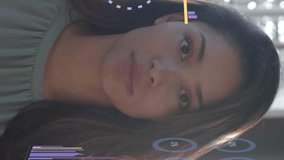 Data processing on interface with charts over happy casual businesswoman smiling in office. Business, data, digital interface, connection and communication digitally generated video. - Powered by Shutterstock - Get 15% off with code: PIKWIZARD15