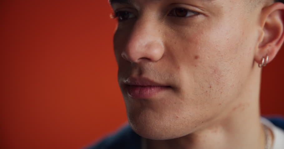 Chewing gum, fresh breath and mouth of man isolated on red background for peppermint scent. Bubblegum, dental and oral hygiene with model on space in studio to remove odor or teeth whitening