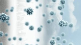 Animation of covid 19 cells floating over distant cityscape and clouds in background. global coronavirus covid 19 pandemic concept digitally generated video. - Powered by Shutterstock - Get 15% off with code: PIKWIZARD15