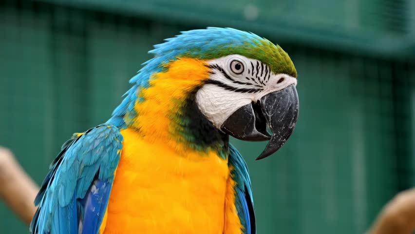 Blue-and-yellow macaw turns its head in a vivid close-up, revealing detailed feathers and beak in soft aviary light with a blurred background.