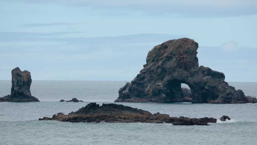 Ecola State Park features dramatic rocky coastline with rugged cliffs, tide pools, and panoramic views of the Pacific Ocean along the Oregon coast.