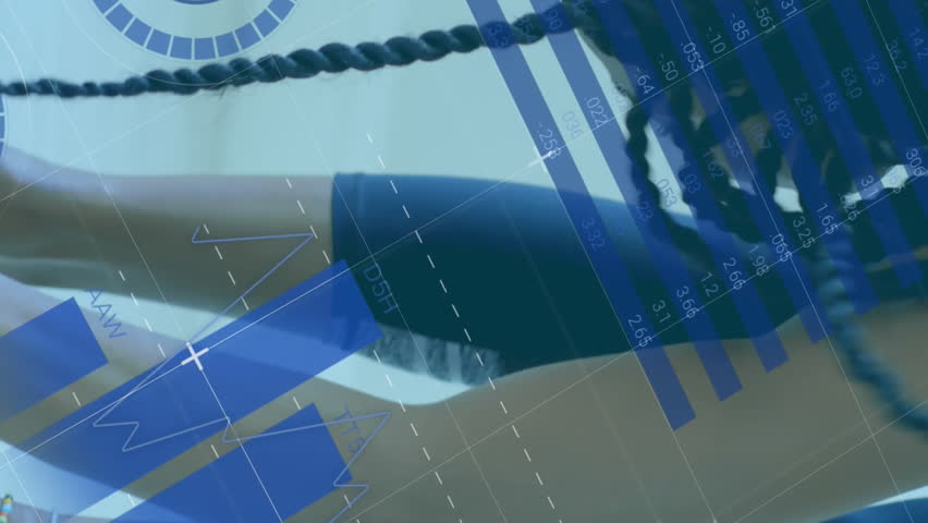 Animation of data, graphs and statistics over woman stretching. Public health pandemic coronavirus Covid 19 social distancing and self isolation in quarantine lockdown concept digital compo - Powered by Shutterstock - Get 15% off with code: PIKWIZARD15