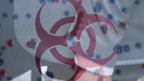 Animation of a hazard sign with macro Covid-19 cells floating over Caucasian woman waiting in queue, holding her passport. Coronavirus Covid-19 pandemic concept digital composite - Powered by Shutterstock - Get 15% off with code: PIKWIZARD15