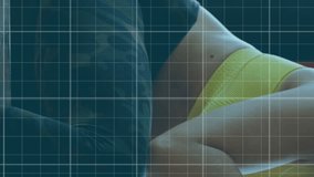 Animation of digital interface with blue lines recording and data processing over woman exercising, boxing and resting. Global computer network technology concept digitally generated image. - Powered by Shutterstock - Get 15% off with code: PIKWIZARD15