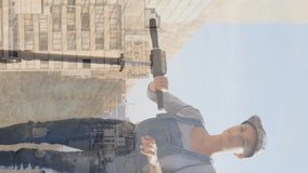 Animation of cityscape over woman walking with scooter. Lifestyle, abstract background and digital interface concept digitally generated video. - Powered by Shutterstock - Get 15% off with code: PIKWIZARD15