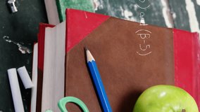 Animation of mathematical equations floating over school equipment on a green background. Education back to school concept digitally generated image. - Powered by Shutterstock - Get 15% off with code: PIKWIZARD15