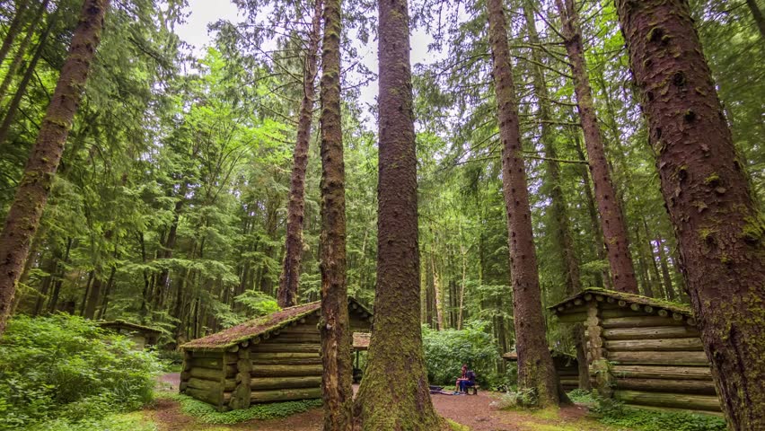 Footage features a charming log cabin on Clatsop Loop Trail, Oregon, enveloped by forest and serenity. Perfect for depicting rustic retreats and wilderness escapes.