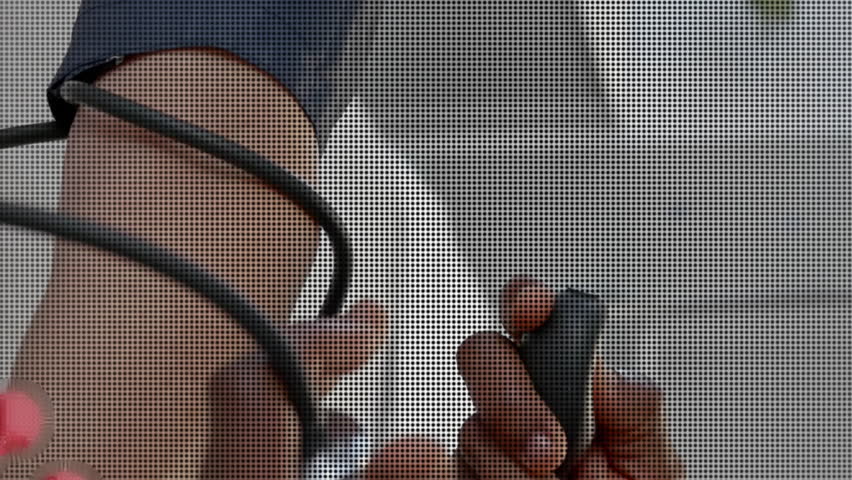 Animation of dna strand over diverse male doctor taking pulse of senior male patient. Data, digital interface, connection, hospital and healthcare, digitally generated video.