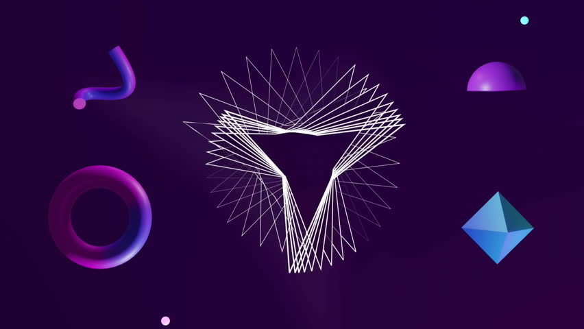 Animation of white network structure over 3d blue and purple shapes rotating on dark background. Abstract, network, processing, data, connection and communication, digitally generated video.