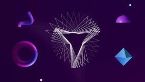 Animation of white network structure over 3d blue and purple shapes rotating on dark background. Abstract, network, processing, data, connection and communication, digitally generated video. - Powered by Shutterstock - Get 15% off with code: PIKWIZARD15