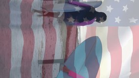 Animation of flag of usa over happy diverse women with surfboard on beach in summer. American patriotism, diversity and vacation concept digitally generated video. - Powered by Shutterstock - Get 15% off with code: PIKWIZARD15