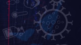 Animation of Covid 19 icons and statistics showing cases over world map. Global coronavirus Covid 19 pandemic concept digitally generated image. - Powered by Shutterstock - Get 15% off with code: PIKWIZARD15