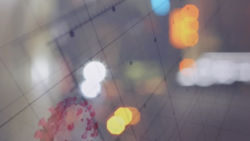 Animation of Covid 19 cells and statistics showing cases over out of focus traffic and city lights. Global coronavirus Covid 19 pandemic concept digitally generated image. - Powered by Shutterstock - Get 15% off with code: PIKWIZARD15