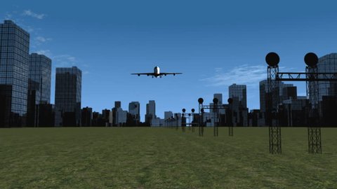 City Airport - A commercial aircraft flies in to a city airport over skyscrapers and runway approach lights on a sunny day with blue sky.