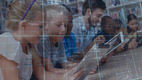 Blonde girl tapping tablet activating AR grid overlay, teacher guiding tech-driven learning session. Interactive, education, innovation, digital, collaboration, modern, classroom - Powered by Shutterstock - Get 15% off with code: PIKWIZARD15